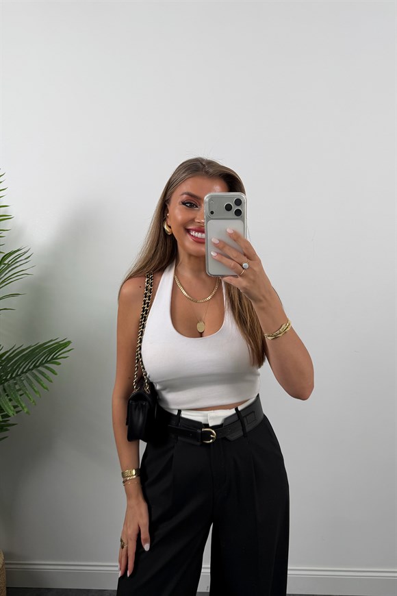 Premium Seri Kalın Kemerli Bel Detaylı Poliviskon Palazzo Siyah