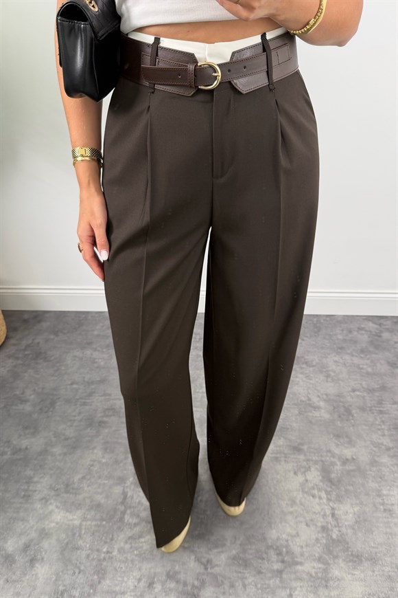 Premium Seri Kalın Kemerli Bel Detaylı Poliviskon Palazzo Koyu Kahve