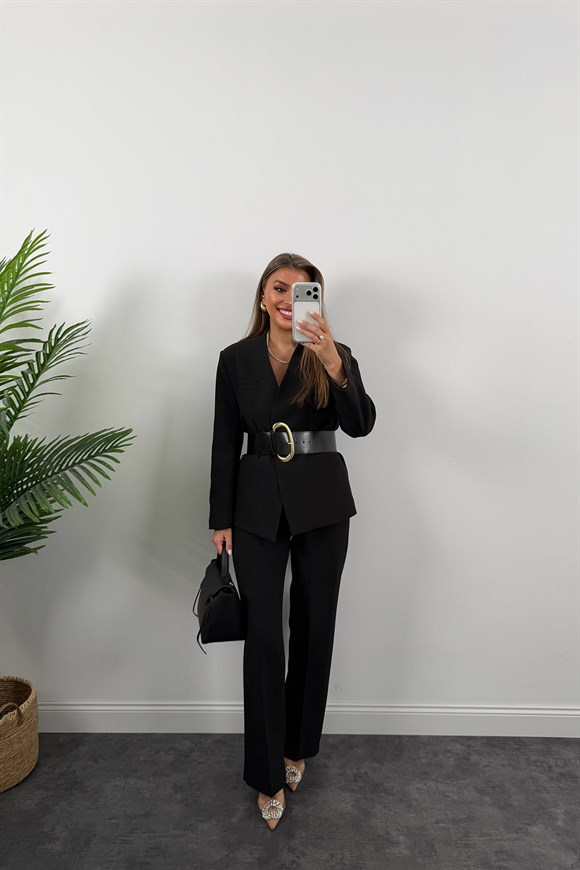 Premium Seri Kalın Kemerli Double Kumaş Vatkalı Ceket Siyah