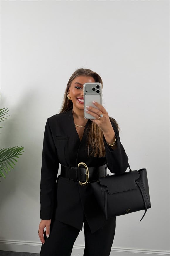 Premium Seri Kalın Kemerli Double Kumaş Vatkalı Ceket Siyah