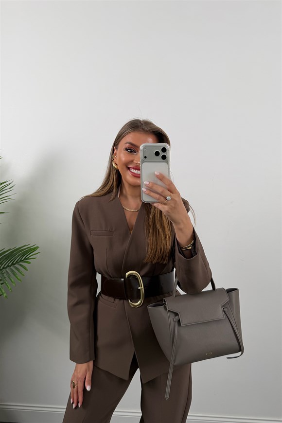 Premium Seri Kalın Kemerli Double Kumaş Vatkalı Ceket Koyu Kahve