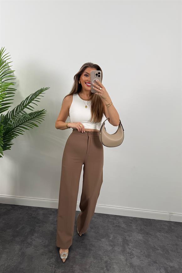 Premium Seri Kalın Kumaş Double Atlas Palazzo Kahverengi