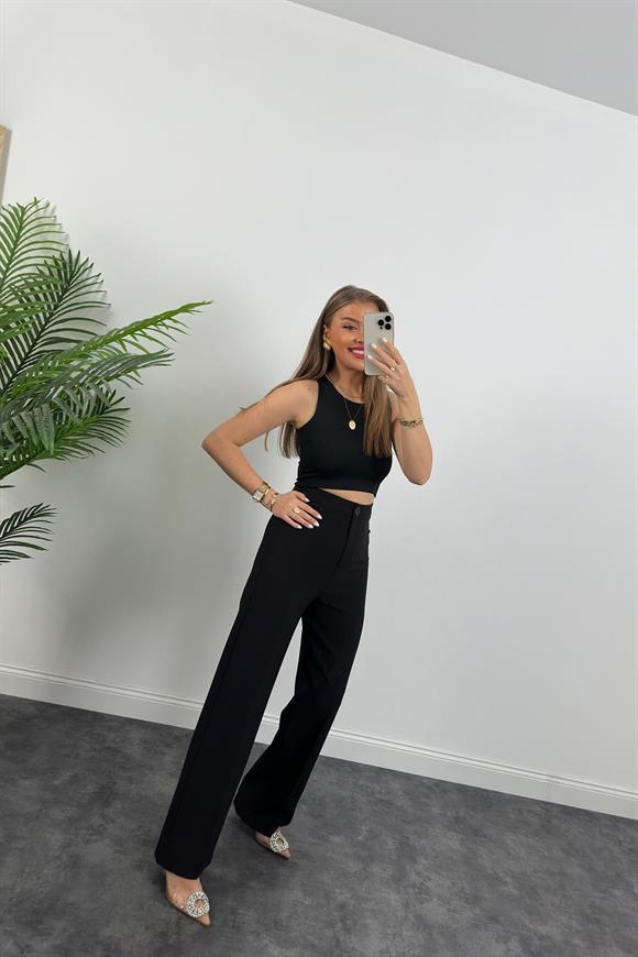 Premium Seri Kalın Kumaş Double Atlas Palazzo Siyah 