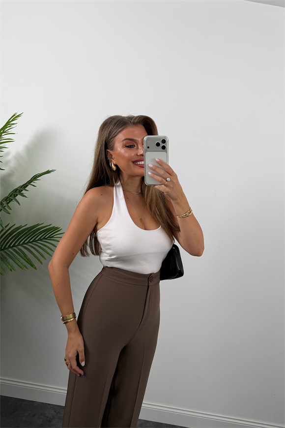 Premium Seri Kalın Kumaş Double Atlas Palazzo Koyu Kahve