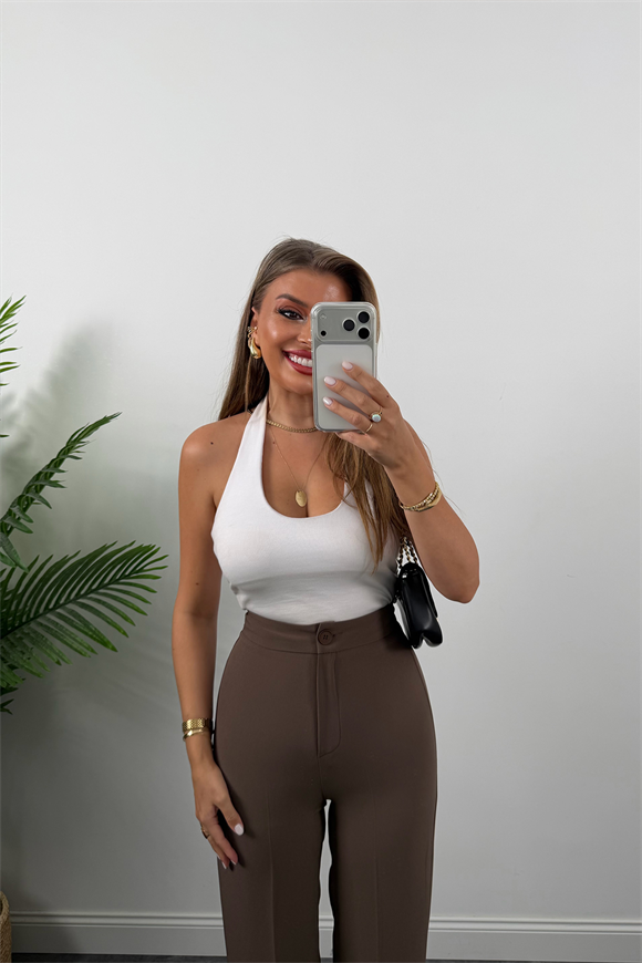 Premium Seri Kalın Kumaş Double Atlas Palazzo Koyu Kahve