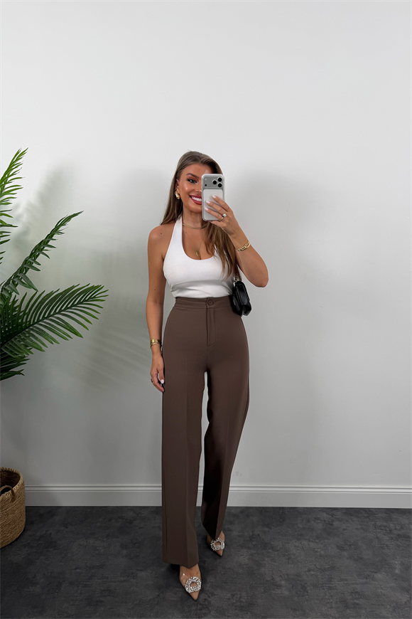 Premium Seri Kalın Kumaş Double Atlas Palazzo Koyu Kahve