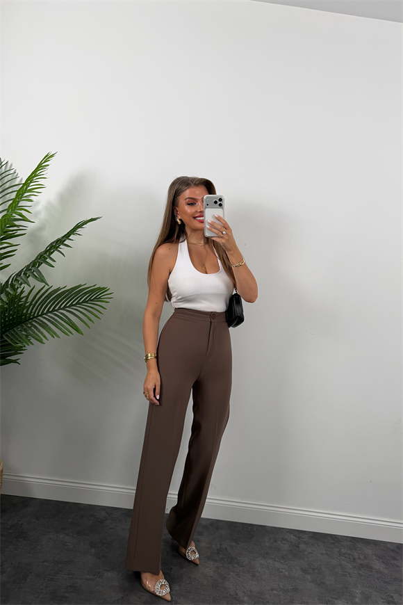 Premium Seri Kalın Kumaş Double Atlas Palazzo Koyu Kahve