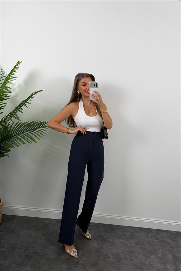 Premium Seri Kalın Kumaş Double Atlas Palazzo Lacivert