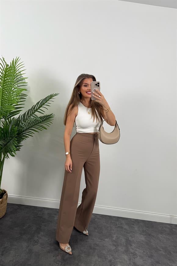 Premium Seri Kalın Kumaş Double Atlas Palazzo Kahverengi