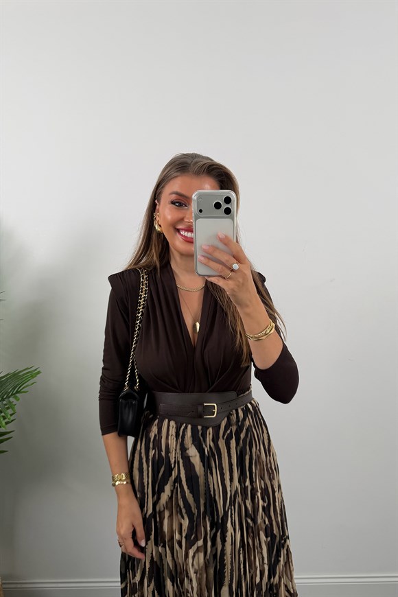Premium Seri Kemerli Asimetrik Midi Şifon Etek Kahve