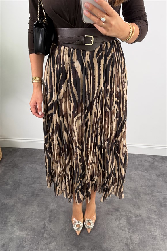 Premium Seri Kemerli Asimetrik Midi Şifon Etek Kahve