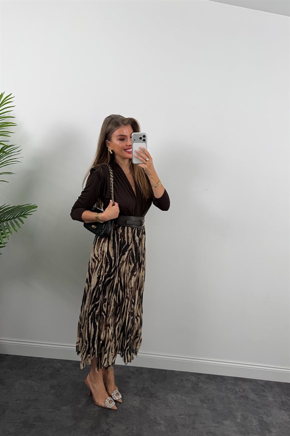 Premium Seri Kemerli Asimetrik Midi Şifon Etek Kahve