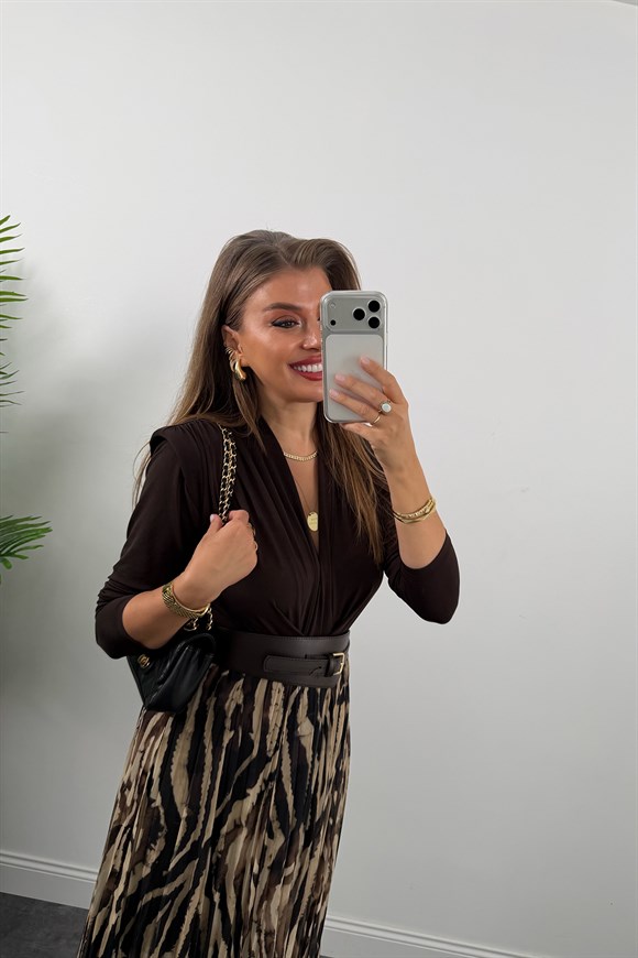 Premium Seri Kemerli Asimetrik Midi Şifon Etek Kahve