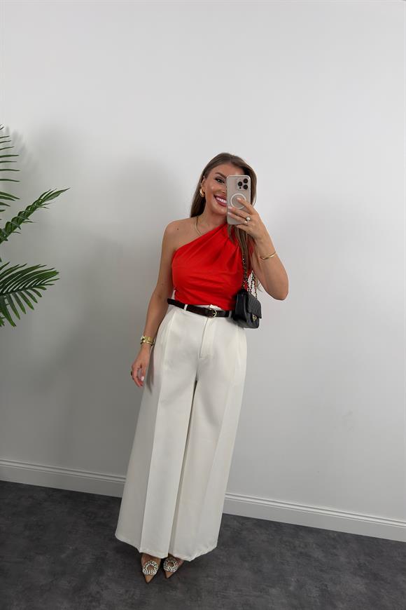 Premium Seri Kemerli Bol Paça Double Kumaş Pantolon Ekru