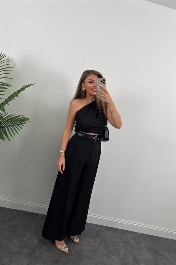 Premium Seri Kemerli Bol Paça Double Kumaş Pantolon Siyah