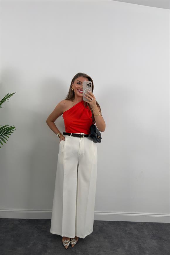 Premium Seri Kemerli Bol Paça Double Kumaş Pantolon Ekru