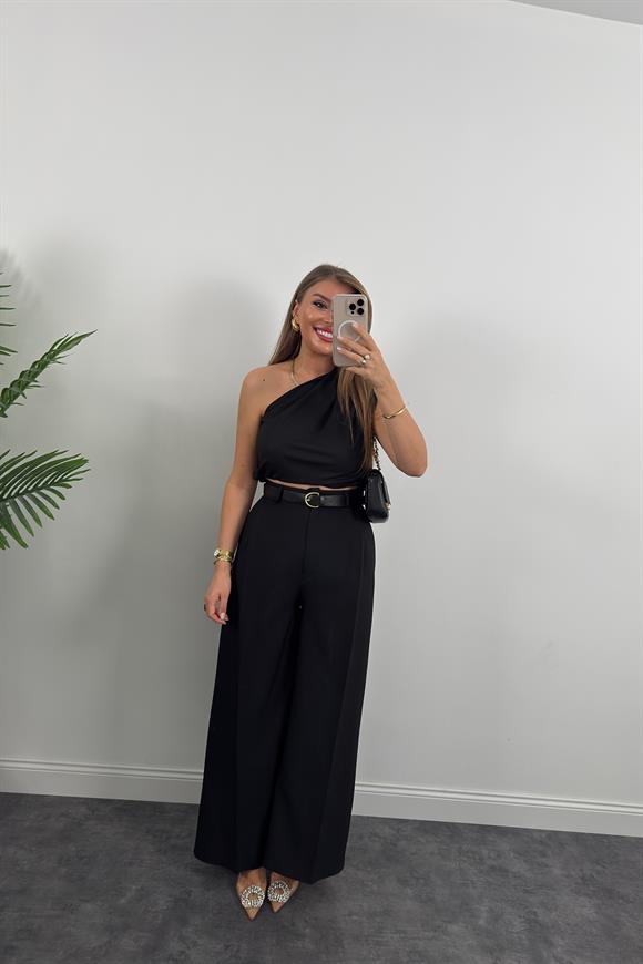 Premium Seri Kemerli Bol Paça Double Kumaş Pantolon Siyah