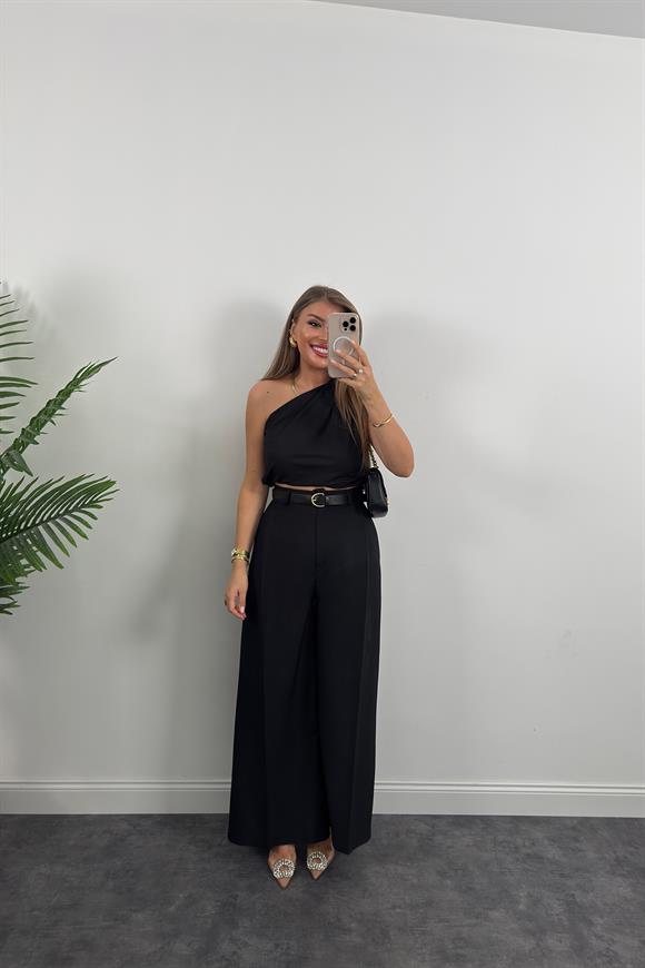 Premium Seri Kemerli Bol Paça Double Kumaş Pantolon Siyah