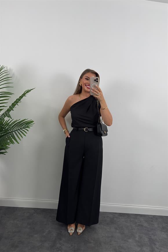 Premium Seri Kemerli Bol Paça Double Kumaş Pantolon Siyah