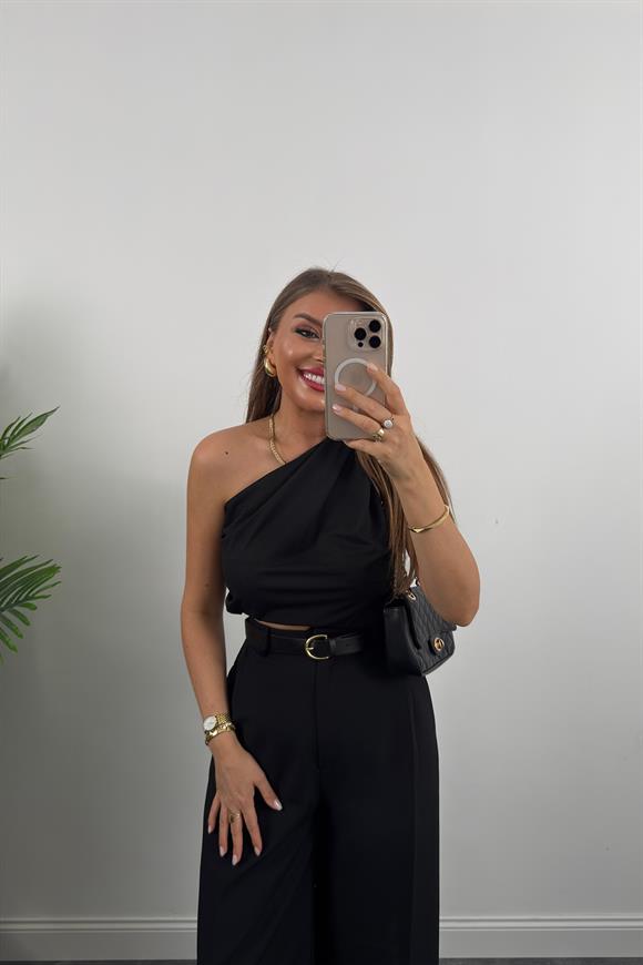 Premium Seri Kemerli Bol Paça Double Kumaş Pantolon Siyah