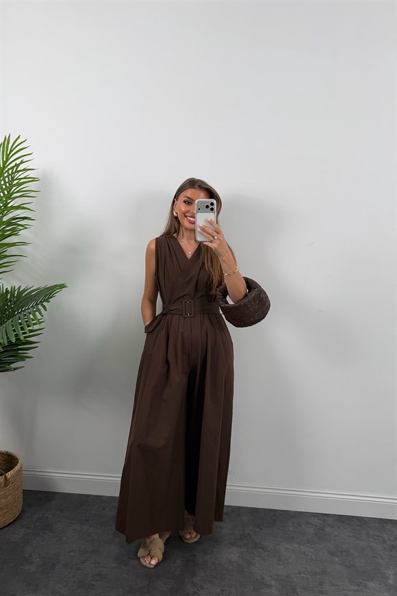 Premium Seri Kemerli Bol Paça Safari Tulum Kahverengi