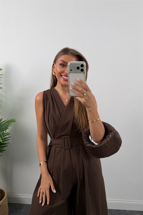 Premium Seri Kemerli Bol Paça Safari Tulum Kahverengi