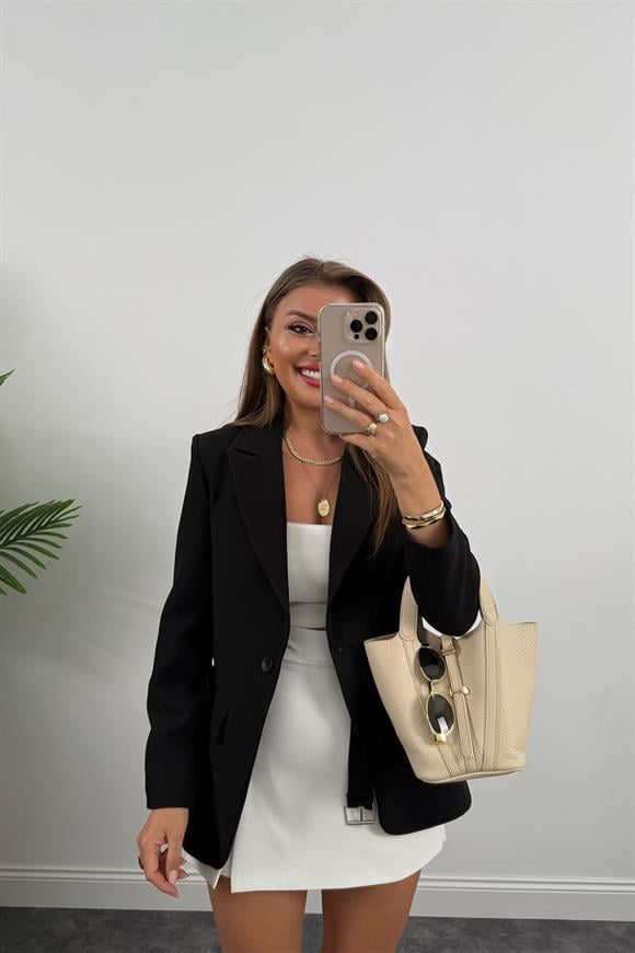Premium Seri Kemerli Oturtma Double Kumaş Blazer Siyah