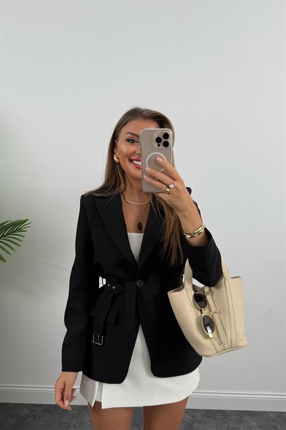 Premium Seri Kemerli Oturtma Double Kumaş Blazer Siyah
