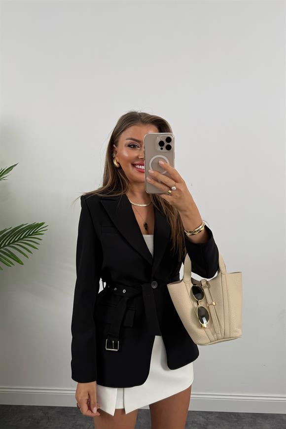 Premium Seri Kemerli Oturtma Double Kumaş Blazer Siyah