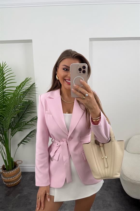 Premium Seri Kemerli Oturtma Double Kumaş Blazer Pembe
