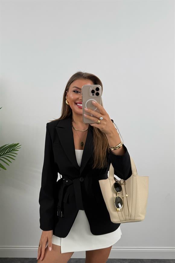 Premium Seri Kemerli Oturtma Double Kumaş Blazer Siyah