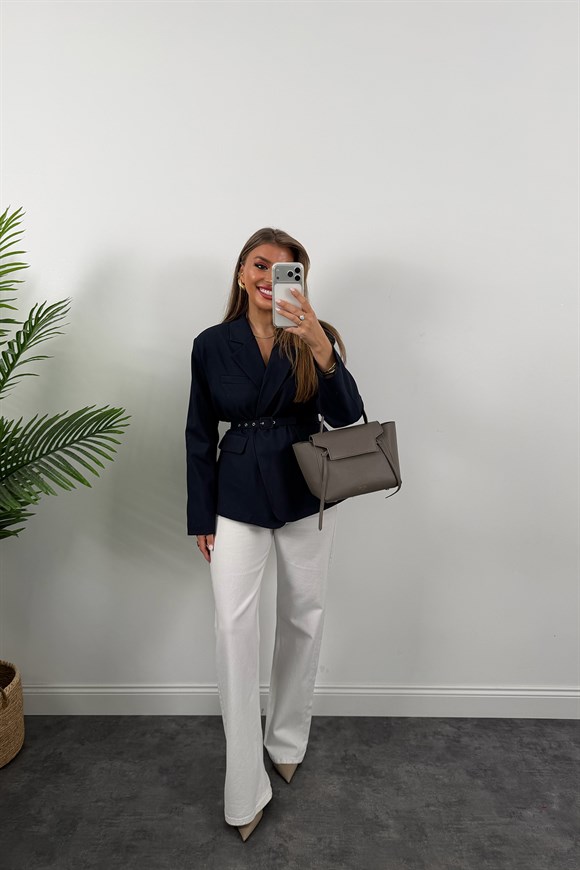 Premium Seri Kemerli Özel Dokulu Poliviskon Blazer Lacivert