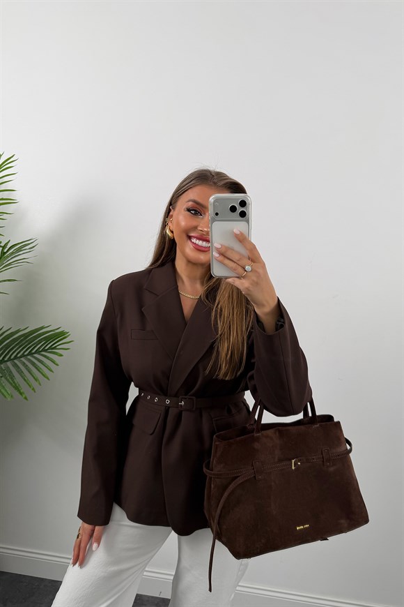 Premium Seri Kemerli Özel Dokulu Poliviskon Blazer Acı Kahve