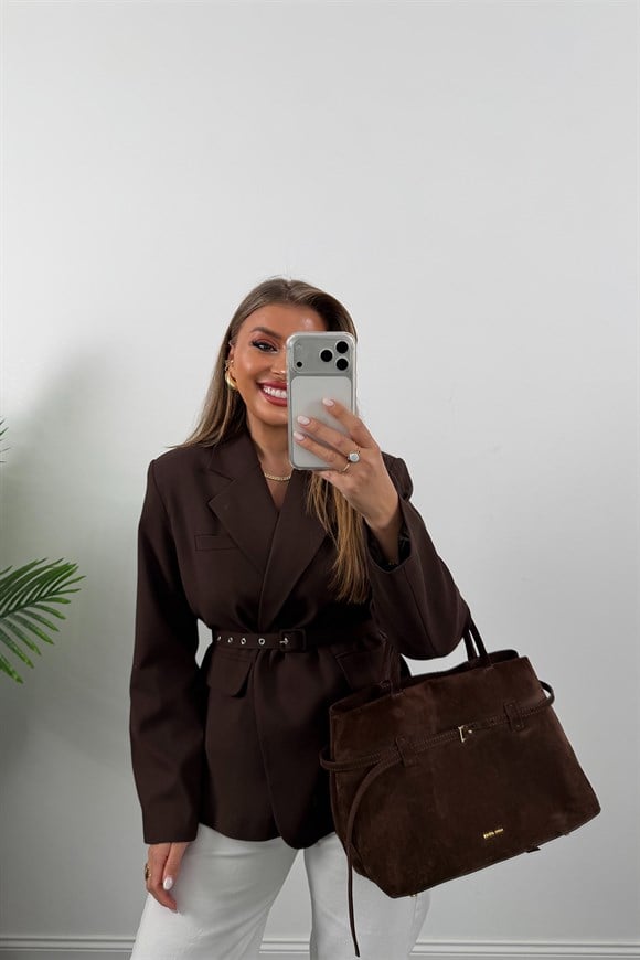 Premium Seri Kemerli Özel Dokulu Poliviskon Blazer Acı Kahve
