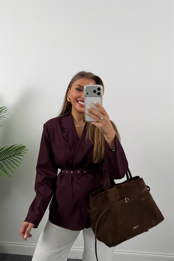 Premium Seri Kemerli Özel Dokulu Poliviskon Blazer Mürdüm
