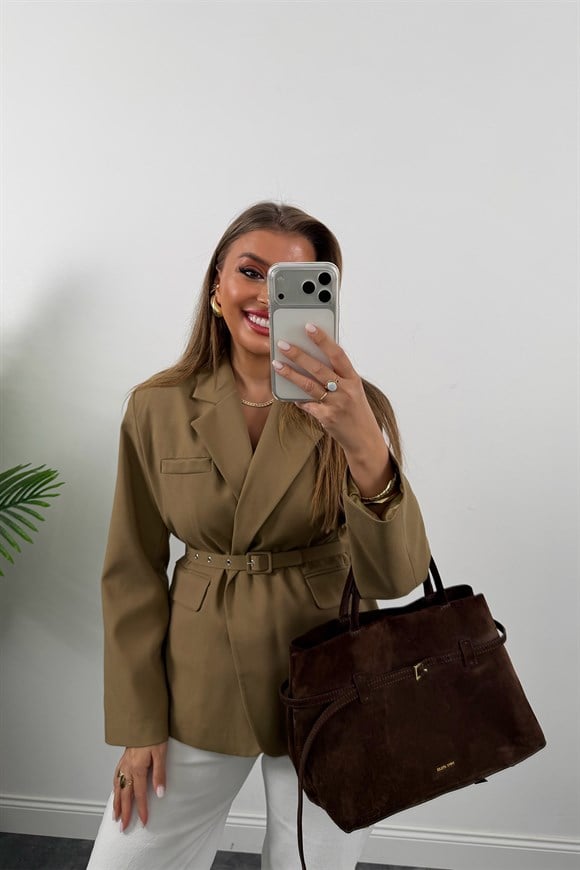 Premium Seri Kemerli Özel Dokulu Poliviskon Blazer Karamel