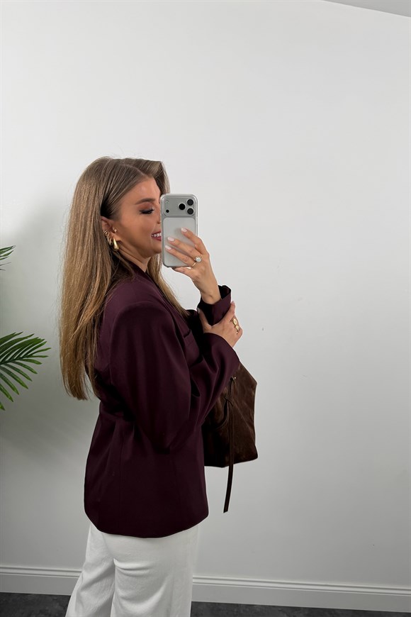 Premium Seri Kemerli Özel Dokulu Poliviskon Blazer Mürdüm