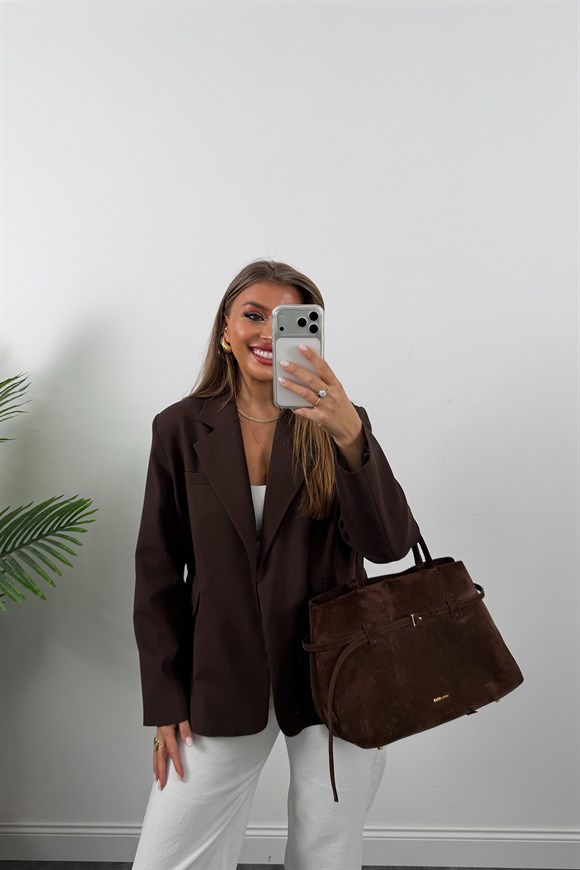 Premium Seri Kemerli Özel Dokulu Poliviskon Blazer Acı Kahve