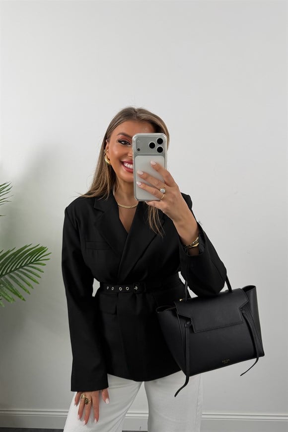 Premium Seri Kemerli Özel Dokulu Poliviskon Blazer Siyah