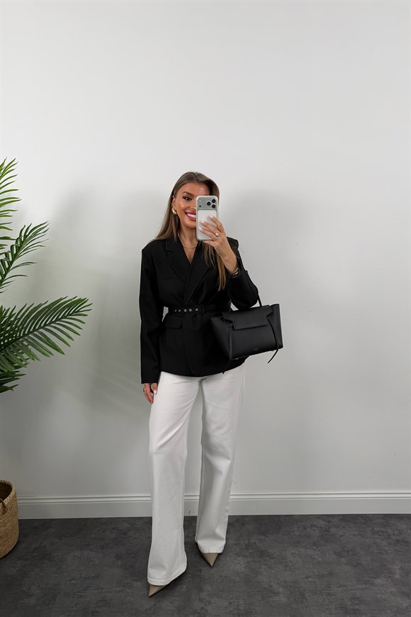 Premium Seri Kemerli Özel Dokulu Poliviskon Blazer Siyah