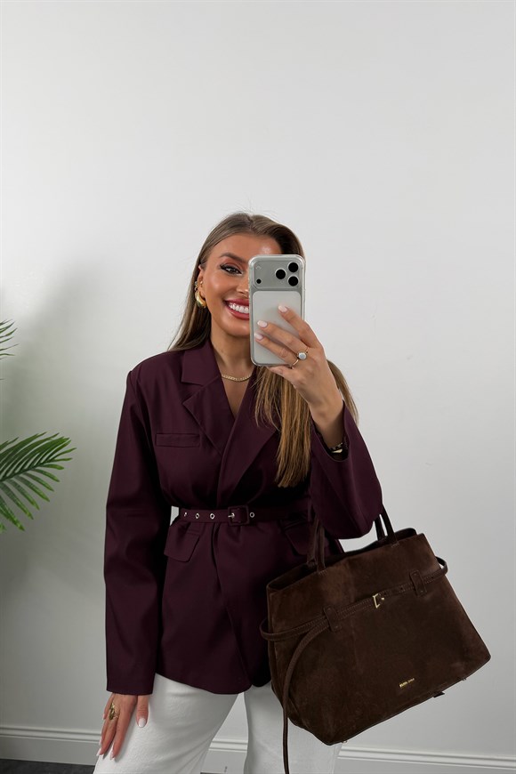 Premium Seri Kemerli Özel Dokulu Poliviskon Blazer Mürdüm