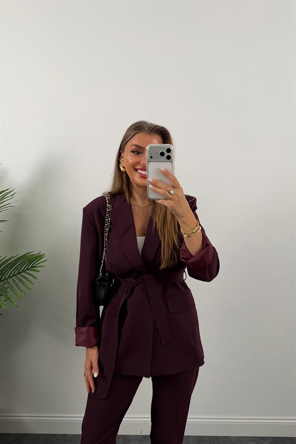 Premium Seri Kemerli Pantolon Ceket Takım Mürdüm
