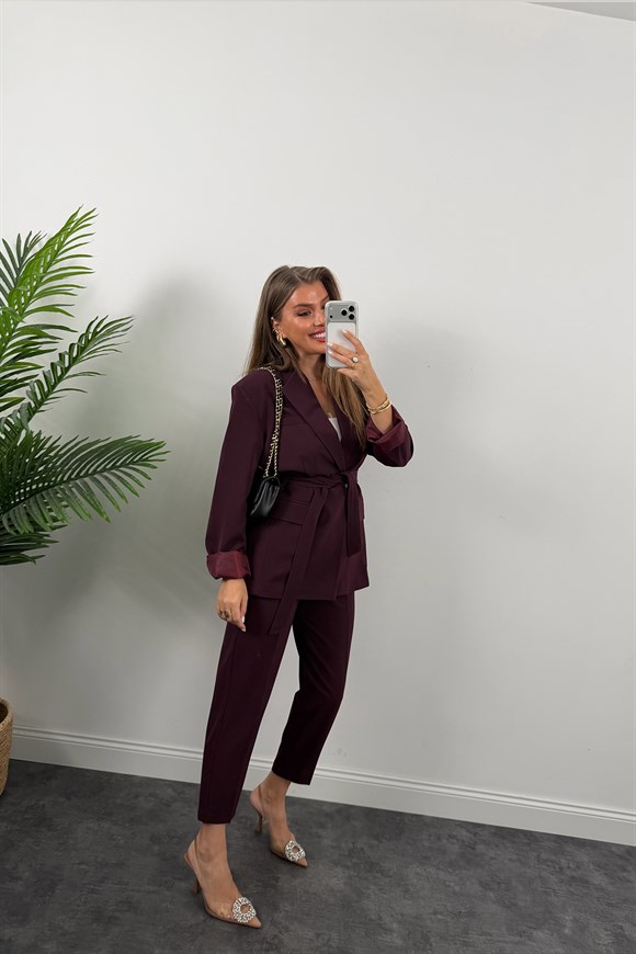 Premium Seri Kemerli Pantolon Ceket Takım Mürdüm