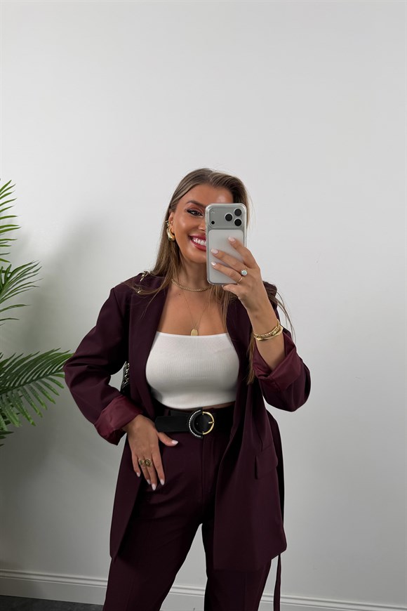 Premium Seri Kemerli Pantolon Ceket Takım Mürdüm