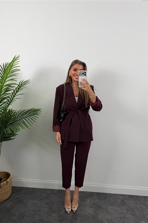 Premium Seri Kemerli Pantolon Ceket Takım Mürdüm