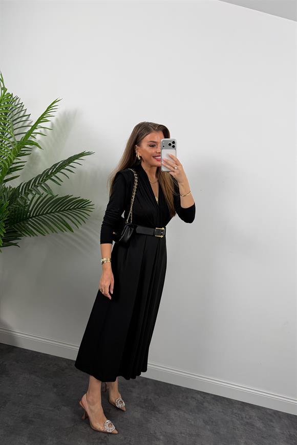 Premium Seri Kemerli Poliviskon Maxi Etek Siyah