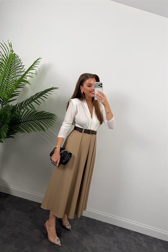 Premium Seri Kemerli Poliviskon Maxi Etek Camel