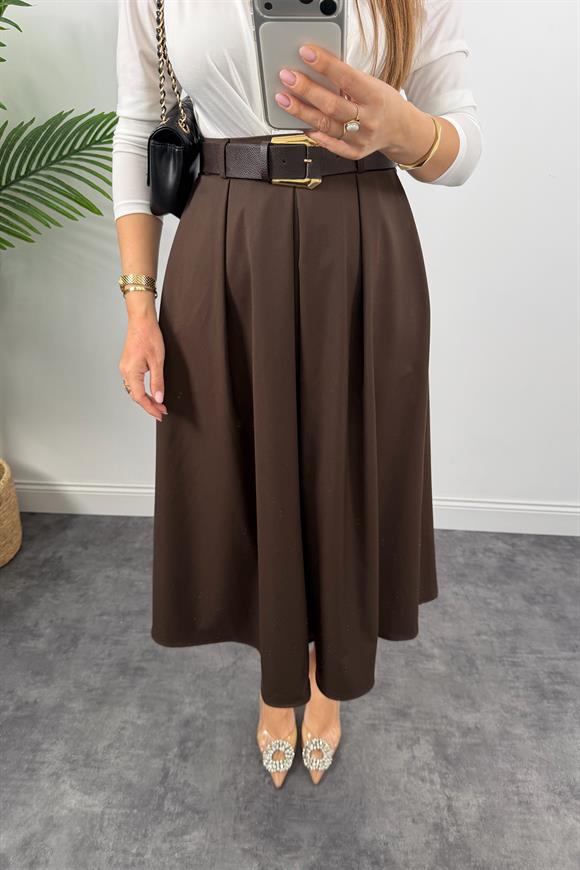 Premium Seri Kemerli Poliviskon Maxi Etek Acı Kahve