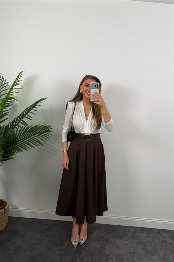 Premium Seri Kemerli Poliviskon Maxi Etek Acı Kahve