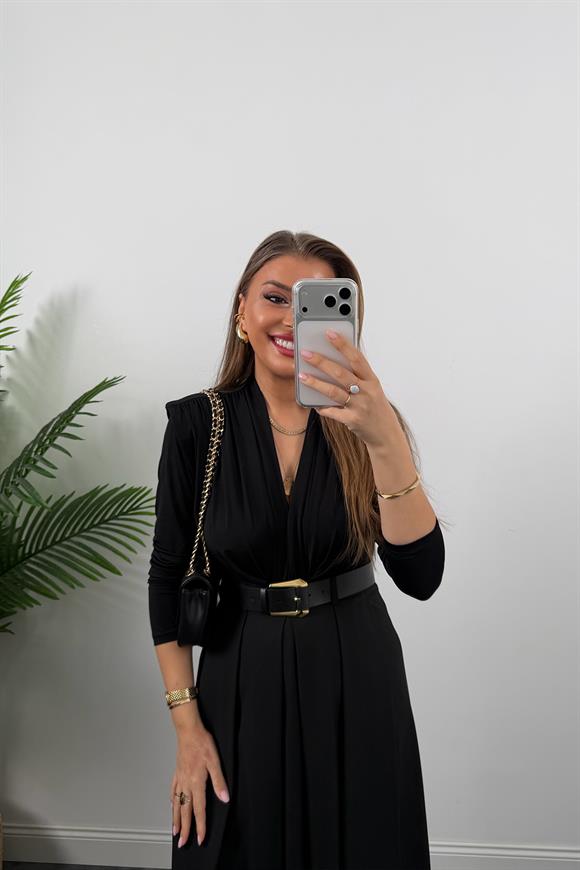 Premium Seri Kemerli Poliviskon Maxi Etek Siyah